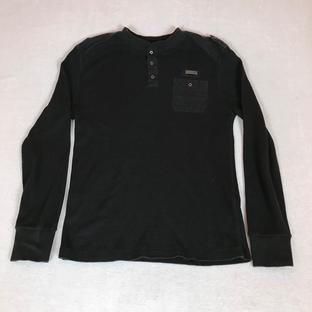 Cavi Black Utility Thermal Waffle Knit Henley Chest Pocket Large